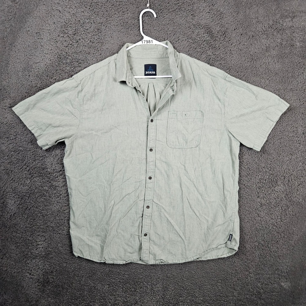 Prana Organic Cotton Button Up Shirt Mens XXL Sage Green Short Sleeve‎